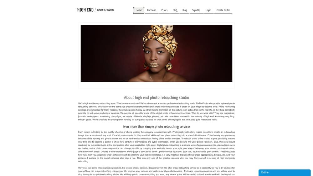 Screenshot of High End Beauty Retouching website